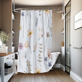 YAEHOCO Watercolor Floral Shower Curtain, Yellow Flower Butterfly Shower Curtain for Modern Minimalist Bathroom Decor, Waterproof Plant Fabric White Bath Curtain Machine Washable - 72x72 Inches
