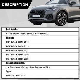 Sekeseauto Fender Liner Inner Passenger Side Front Right Compatible with Infiniti QX50 2019-2023 Replace# 638425NA0A, 638425NA0A Front Right Side Inner Fender Liner