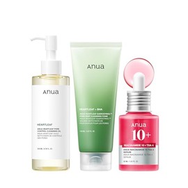 Anua 3-Step Glass Skin Beginner Set, Oil Cleanser and Face Wash with Facial Serum, Double Cleansing Daily Routine with Niacinamide, Korean Skin Care Set
