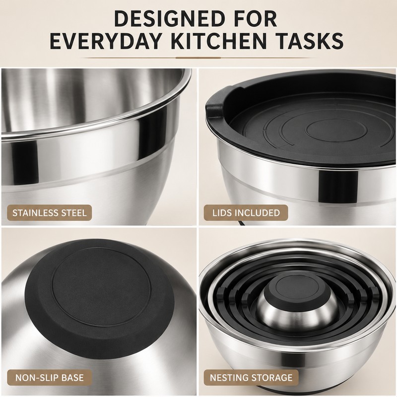 LMETJMA Stainless Steel Mixing Bowls Set of 5 - Durable