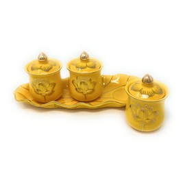 Houlu 3 Altar Cups Set, Ceramic Holy Water Offering Cup, Tibetan Buddhist Worship Cup (Yellow)