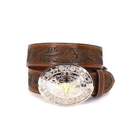 West Star Cowboy Tooled Leather Plain Belt Suit Casual Daily Everyday Dress Belt 2 Inches Width 8005C Oval Longhorn CF M