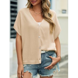 Saodimallsu Womens Fall Oversized Cardigans Batwing Short Sleeve Lightweight Button V Neck Casual Knit Sweater Tops Khaki