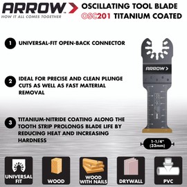 Arrow OSC201-10 Titanium Coated Bi-Metal Oscillating Tool Blades for Metal (nonferrous), Wood, Wood with Nails, PVC, Drywall, Universal, Fits Most Multitools, 1-1/4 inch, 10-Pack