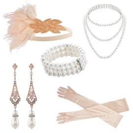 MOSNOW 7pcs 1920s Flapper Great Gatsby Accessories Set,Flapper Great Gatsby Facny Dress Accessories with Feather Headband,Pearl Necklace,Long Gloves,Bracelet,Earrings,for 20s Theme party