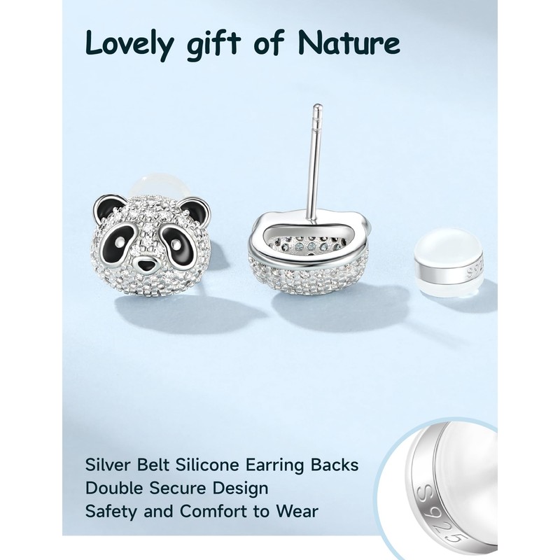 Panda Earrings, Women's, Cute Panda Earrings, Silver, Hypoallergenic, Zirconia, Birthday,