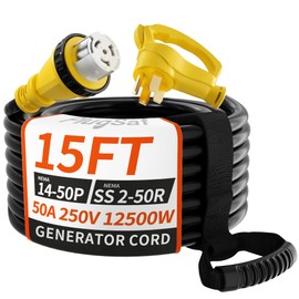 PlugSaf 50 Amp Generator Cord, 15FT 50 Amp RV Extension Cord with Twist Lock, Generator Cable 50A 4 Prong Yellow, NEMA 14-50P/SS2-50R Heavy Duty STW Wire for RV Camper & House