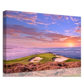 Pebble Beach Golf Course Hole 7 Wall Art Prints - Monterey California USA Golf Course Canvas Wall Art for Living Room Bedroom Bathroom Home Decorations Gifts Framed Ready to Hang(18''H x 24''W)