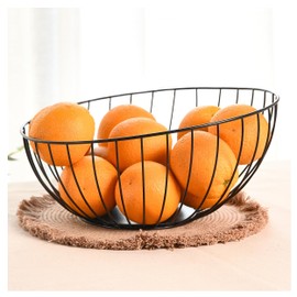 Folkulture Fruit Basket for Kitchen Counter, 10" Inch Countertop Fruit Bowl, Metal Wire Basket for Modern Kitchen Décor, Large Fruit Storage Holder For Table Decor (Black)