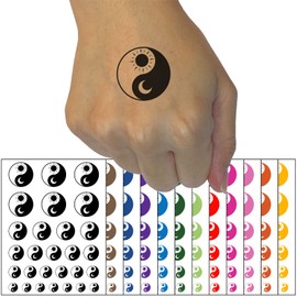 Sun Moon Yin Yang Night Day Temporary Tattoo Water Resistant Fake Body Art Set Collection - Black (One Sheet)