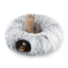 Cat Tunnel Bed for Indoor Cats with Washable Cushion Cat Cave Donut Tunnel with Fluffy Ball Big Round Tube Pet Playground Toys Soft Plush Peekaboo for Kitten, Cat, Puppy, Rabbit, Ferret