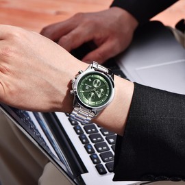 Benyar Watches Men's Analogue Quartz Chronograph Men's Watches 50 m Waterproof Luminous Date Watch Casual Business Watches Classic Elegant Gifts for Men, Silver Green, Bracelet