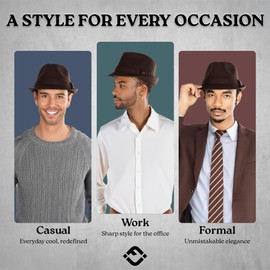 Funky Junque Mens Fedora Hats for Men Fashion Trilby Short Brim Wool Vintage Church Dress Hats Classic Winter Teardrop, Dark Brown, 7 1/4-7 5/8
