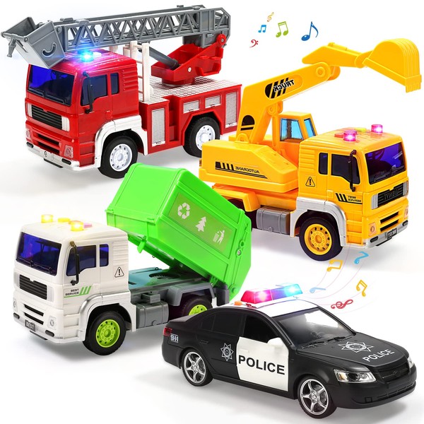 CUTE STONE 4 Pack Fire Truck, Construction Truck, Police Car and Garbage Truck with Sound and Light, Pull Back Cars Push and Go Cars Friction Powered Play Vehicles for Toddler Boys and Girls