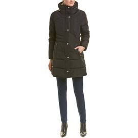 Cole Haan Women's Mid Length Down Coat with Bib Front, Black, Small