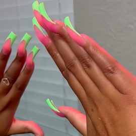 Curved Nail Tips Long Press on Nails Square French Tip Fake Nails Neon Green&Pink False Nails Guava Unique Stick on Nails Cool Glue on Nails for Women Girls 24Pcs