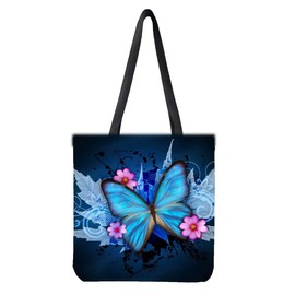 chaqlin Blue Butterfly Canvas Tote Bag Women Fashion Shoulder Handbags with Inner Pocket Reusable Shopping Bags
