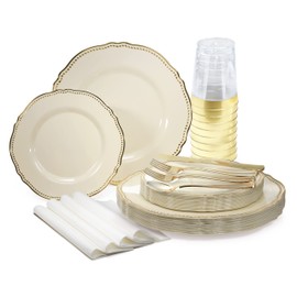 " OCCASIONS " 200pcs set (25 Guest)-Wedding Disposable Plastic Plates & cutlery - 10.25'', 7.5'' +paper napkins, Gold rim cups & Silverware (Rochelle Ivory and Gold)
