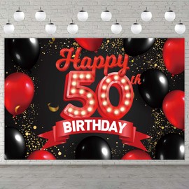 Happy 50th Birthday Red and Black Banner Backdrop Decorations Balloons Theme Decor for Girls Women Princess 50 Years Old Birthday Party Bday Photo Booth Props Supplies Background Favors Glitter Gold