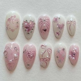 Almond Press On Nails Medium Fake Nails Heart Rhinestone With Bow Star Design Pink False Nails White Acrylic Nails Full Cover Artificial Nails Glossy Glue On Nails Stick On Nails For Women 24pcs