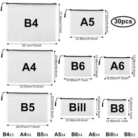 YOPCDJ 30pcs Mesh Zipper Pouch Bags, Waterproof Zipper Bags, 8 Sizes Waterproof Plastic Document Pouch, Multipurpose for Travel Storage, Office Appliances and Home Organize