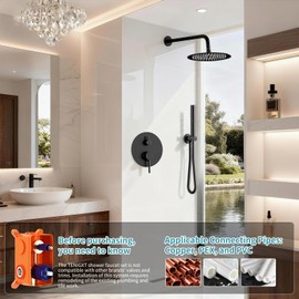 Shower Faucet Set,10-Inch Round Rainfall Showerhead with Dual-Function Handheld Spray,Brass Shower Valve Trim Kit,Wall Mounted Round Rain Shower System (Matte black)