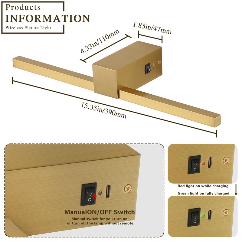 Pasoar Brass Battery Operated Picture Light with Remote,Wireless Gallery Lights