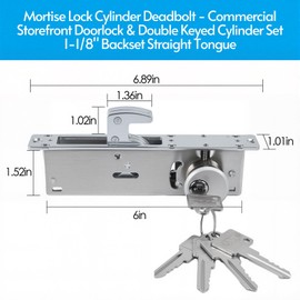 UpjiaFlarish Mortise Lock Cylinder Deadbolt - Commercial Door Locks Storefront Door Lock & Double Keyed Cylinder Set 1-1/8" Backset Hook Tongue for Home Security with 5 Keys