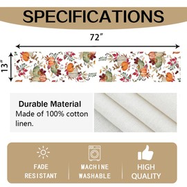 RABUSOFA Fall Table Runner 13x72 Inch,Pumpkin Autumn Decor Thanksgiving Kitchen Dining Table Decortaions Eucalyptus Leaves for Home Indoor(1-72)