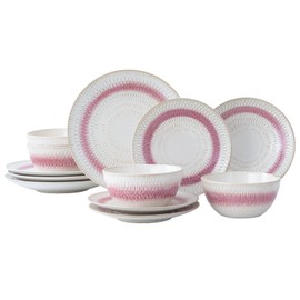 WHITEPEONY Dinnerware Set Pink Stoneware 12 Pieces Service for 4, Stoneware Plates and Bowls Set Highly Chip and Crack Resistant Stoneware Set, Dishwasher Microwave Safe Dishes set