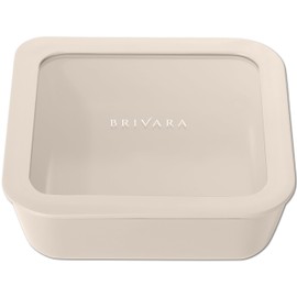 BRIVARA HOME Ceramic Coated Glass Food Storage Container | No PTFE, PFOA, PFAS, and BPA | Reusable Non Toxic Meal Prep Container with Glass Lid | Easy To Store | 5 Cup Square [Crema]