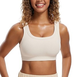 CRZ YOGA Ribbed Sports Bras for Women - U Back Wireless Medium Impact Padded Yoga Workout Cami White Apricot Small