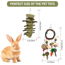 2PCS Rabbit Chew Toys, Hamster Chew Toys for Teeth, Rabbits Cage Hanging Chew Toys with Rattan Ring, Organic Apple Wood Branche/Timothy Hay Straw Cakes Pet Toys for Chinchilla Squirrel Parrot Gerbil