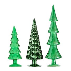 One Holiday Way Set of 3 Elegant Vintage Green Glass Christmas Tree Figurine (15-Inch, 12-Inch, 10-Inch) – Decorative Modern Tabletop Decoration – Retro Xmas Party Winter Table Mantel Shelf Home Decor