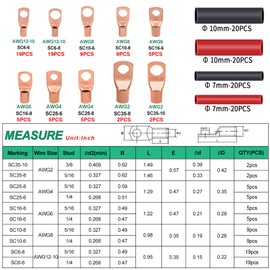 Twidec/160PCS Battery Cable Ends AWG 2 4 6 8 10 12 Gauge Copper Cable Wire Lugs,Ring Terminals Connectors,Copper Ring Terminals Connectors with Heat Shrink N-095-160PCS