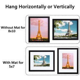 upsimples 8x10 Picture Frame Set of 3,Made of High Definition Glass for 5x7 with Mat or 8x10 Without Mat,Wall Mounting Photo Frame Black