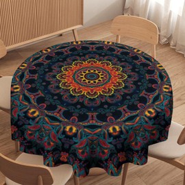 SHElifestyle Vintage Boho Floral Tablecloth, Retro Watercolor Ethnic Mandala Round Table Cover Colorful Indian Abstract Geometric Tabletop Water Resistant Tablecloths for Kitchen Dinning Room 36"