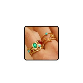 LIU JUN Turquoise Ring Sets For Women, 14k Gold-Plated Irregular Geometric Natural Stone Stainless Steel Sun And Moon Rings Adjustable Summer Fashion Gift Jewelry (Turquoise sets gold)