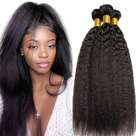 Hxxcoup Bundles Human Hair Bundles Kinky Straight Human Hair Brazilian Real Hair Wefts Real Hair Natural Black Double Weft 100 g/pc 300 g Total 100% Brazilian Remy Hair 26 28 30 Inches