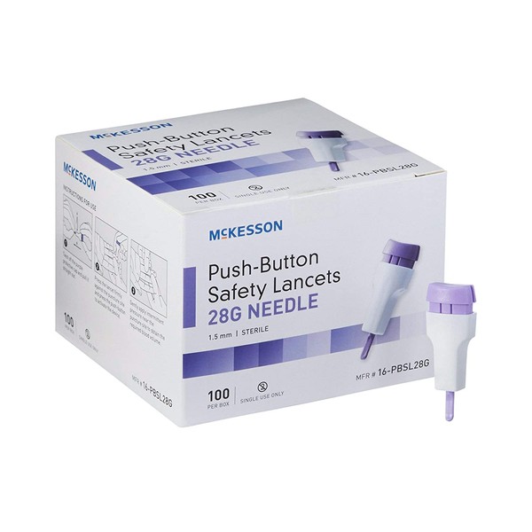 McKesson 28 Gauge Push Button Safety Lancets, Sterile, 1.5 mm Depth, 100 Count, 1 Pack