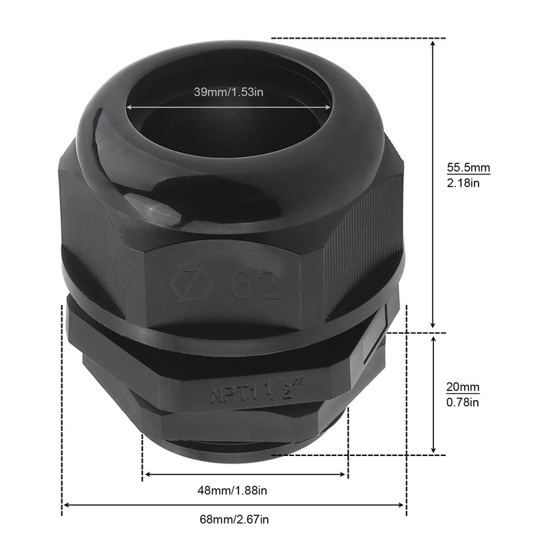 RTNLIT 1-1/2" NPT Cable Gland, Waterproof Adjustable Nylon Plastic Strain