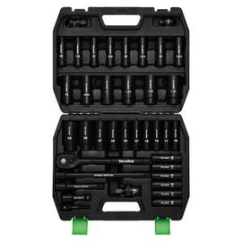 TecoTek 1/2" Drive Deep Impact Socket Set, 38-Piece Socket Set SAE 3/8 to 1-1/4 inch and Metric 10-32mm Size, Includes Extension Bars, Universal Joint, Adapter and Ratchet Handle, 6 Point, Cr-V Steel