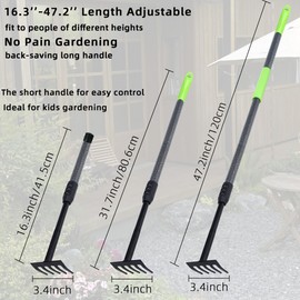 KLDOLLAR Hand Rake, Adjustable Handle Garden Small Rake Garden Tool, Heavy Duty Hand Tiller Cultivator with Soft Foam Grip, Mini Rake for Weeding Tilling Soil Loosing Planting