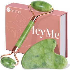 BAIMEI Jade Gua Sha and Face Roller Tool Set, Face and Neck Massager, Skincare, Soothes and Relaxes the Skin, Skin Care Gift for Valentine's Day