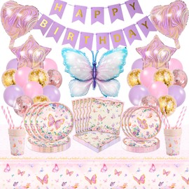 115PCS Butterfly Birthday Party Decorations, Party Supplies Include Party Plates, Cups and Napkins, Happy Birthday Banners,Straws,Tablecloth,Foil Balloons,Latex Balloons for Kids Girls