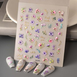 Flower Nail Art Stickers Decals 5D Embossed Spring Floral Nail Art with Gold Accent Leaf Stickers for Nails Designs Self Adhesive Nail Supplies & Decorations for Women Girls 2 Sheets