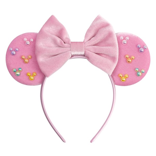 bianbaistar Pink Velvet Mouse Ears Headband, Matte Bow & Colorful