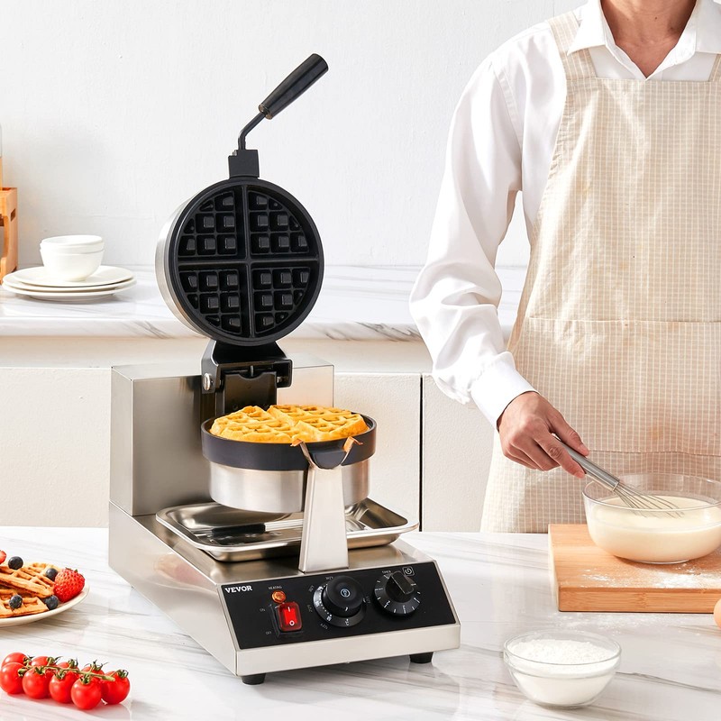VEVOR Commercial Waffle Maker, 1300W Round Waffle Iron, Non-Stick Rotatable