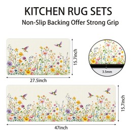 ButterflyFloral Mats for Kitchen Floor, Flower Anti Fatigue Kitchen Rugs Mats Sets of 2, Washable Cushioned Comfort Standing Runner Carpet Rug Floor Mat for Laundry Bedroom 15.7"×27.5" +15.7"×47"