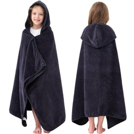 Hiturbo Kids Hooded Bath Towel: 100% Cotton Soft Thick Absorbent Towels Wrap - 50"x30" Shower Beach Pool Wearable Blanket for 3-12 Yrs Boys Girls - Black